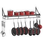 XEMQENER Wall Hanging Pan Pot Rack with 10pcs Removable Hooks, Wall Shelf with Towel Bar, Kitchen Bathroom Utensils Organizer, Hanging Shelving (90 * 24 * 25cm)