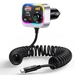 Syncwire Bluetooth 5.3 FM Transmitter Car Adapter, 66W PD QC 3.0 Fast Charge Car Charger with USB-C Coiled Cable, Wireless FM Radio Adapter, Strong Mics, Bass HiFi Sound, Hands-free Call, Light Switch