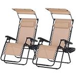 Outsunny 2 Piece Foldable Lounge Chair with Canopy Shade, Outdoor Zero Gravity Chair w/Side Tray & Cup Holder, Reclining Lounger w/Breathable Mesh Fabric Seat, Pillow, Beige