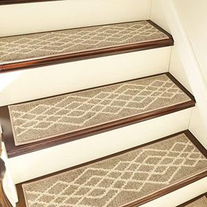 COSY HOMEER Soft Stair Treads 15pcs Non-Slip Carpet Mat 28inX9in Indoor Stair Runners for Wooden Steps,Stair Rugs for Kids and Dogs, 100% Polyester TPE Backing Beige,Rhombus