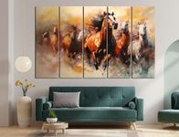 CN RETAILS Vaastu 7 Horses Set of 5 Big Size (48x30) Multiple Frames Wall Art Painting for Bedroom,Drawing room,Hotels-Wooden Framed-Digital Painting ss17_04