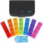 Vive Pill Organizer 3 Times A Day - Stackable 4 Times a Day Supplement & Weekly Medicine Holder - AM PM Dispenser Case with Splitter Cutter - Portable Daily Vitamin Container - 30 Days Travel Calendar