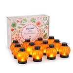 IMAGE LED Pumpkin Lights 12pcs Mini Hanging Lantern Orange Tealights with Flickering Flame for Halloween Christmas Party Home Decoration