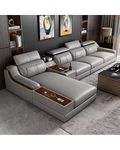 Taxzek Modern L-Shaped Sectional Sofa, Grey Leather, 6 Seater With Built-in Speakers, Storage Console, Quilted Backrest And USB Connections