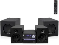 Pyle P.M.P.O CD/DVD Stereo System, 5-pc Wireless BT Streaming 6 Ohm Two-Way Wooden Speaker Box and Subwoofer, Digital Amplifier IC with MP3, USB, FM Radio, Bass Reflex Speaker