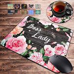 Gaming Mouse Pad and Coasters Set, Pink Rose Flower Pattern Wooden Art Boss Lady Quote Mousepad, Non-Slip Rubber Rectangle Mouse Pad, Customized Mouse Mat for Working and Gaming