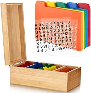 Index Card Holder Set, Bamboo Index Cards Organizer, 50 Pcs Index Card Dividers 2 Sheets Alphabet Number Stickers File Note Card Holders for Office Business Classroom(3 x 5 Inches)