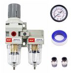 RIH Air Dryer System - Double Air Filters-5 Micron Particulate Filter& Air Pressure Regulator - Gauge(0-150 psi), Semi-Auto Drain, Poly Bowl,Bracket - 3 in 1 Two Unit (1/4" NPT)