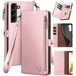 XcaseBar for Samsung Galaxy S22 Wallet case with Zipper Credit Card Holder RFID Blocking, Flip Folio Book PU Leather Phone case Shockproof Cover Women Men for Samsung S22 case Rose Gold