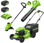 Greenworks 48V (2x24V) 20" Brushless Mower+12" String Trimmer +320CFM Blower,(2) 4.0Ah Batteries and 4A Dual Port Charger