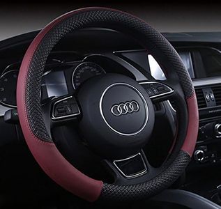 Follicomfy Automotive Genuine Leather Steering Wheel Cover Anti Slip Wrap 15",Wine Red