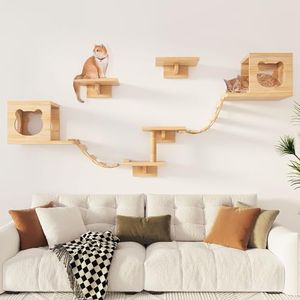 Cat Wall Shelves and Perches Set, Floating Cat Wood Climb Furniture, Cat Wall-Mounted Playing Climber, 2 Cat Houses & 4 Cat Shelves & 2 Ladders & 1 Cat Scratching Post