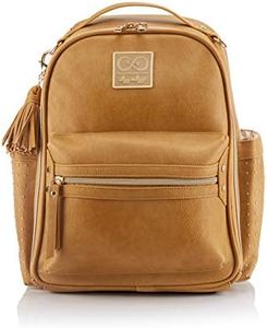 Itzy Ritzy Chelsea + Cole for Mini Diaper Bag Backpack - Studded Mini Diaper Bag Backpack with Changing Pad, 8 Pockets, Rubber Feet & Tassel; Caramel with Sweetheart Print Interior and Gold Hardware