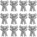 Bright Creations 12 Pack Silver Glitter Wreath Bows for Christmas Outdoor Decorations, Organza Twist Tie Ribbons for Crafts, Xmas Gifts Present Wrapping, 7x9 in