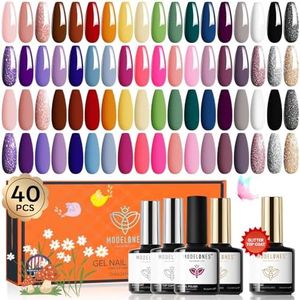 Modelones 40 PCS Gel Nail Polish Set, 36 Colors Spring White Nude Brown Black Gel Polish Kit Red Hot Pink Blue Green Glitter Nail Gel Polish 2025 W Base& Matte& Glitter& Glossy Top Coat LED Nail Art