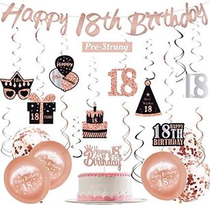 WOJOGO 18th Birthday Decorations For Girls, Rose Gold Happy 18th Year Old Birthday Decorations Includs Happy 18 Birthday Banner Hanging Swirls Cake Topper Balloons for Party Supplies