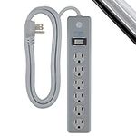 GE 6-Outlet Surge Protector, 4 Ft Extension Cord, Power Strip, 800 Joules, Flat Plug, Twist-to-Close Safety Covers, UL Listed, Gray, 62455