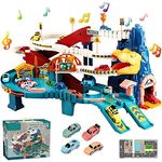 HIRNAYA Dinosaur Adventure Toy Car Racer Ramp Toy for Kids, Dinosaur Climbing Hills Railcar Colorful Vehicles Construction Play Toys with 4 Mini Cars, Toy Vehicle Playset for Preschool Gifts for Kids