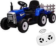 12V Kids Ride On Tractor with Trailer & Remote Control, Toddler Battery Powered Electric Car Slow Start 7LED Headlights USB Music Player 2+1 Gear Shift, Blue, 35W/ EVA Tire