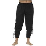 Buetory Men's Drawstring Linen Ankle Banded Cuff Renaissance Pants Medieval Viking Navigator Pirate Costume Gothic Trousers(Black,Medium)