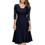 Women Dresses for Special Occasions Clearance Party Elegant Sexy Ladies Patchwork Skull Lace Splicing 3/4 Sleeve Vintage Party Dress UK Size Holiday Clothing Navy