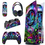 PlayVital Psychedelic Leaf Full Set Skin Decal for ps5 Console Disc Edition,Sticker Vinyl Decal Cover for ps5 Controller & Charging Station & Headset & Media Remote