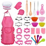 Conleke Kids Cooking&Baking Set, 31Pcs Toddler Dress Up Chef Role Play for 4 5 6 7 8 9 Year Old Toys, Includes Apron for Little Girls, Chef Hat, Mitt, Cookie Cutter, Silicone Baking Cups (Pink)