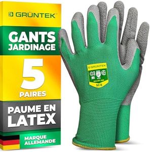 GRÜNTEK Gants de Travail Jardinage 5 PAIRES. Gants de Jardin Homme Femme Taille 8 enduits Latex. Gants de sécurité