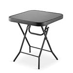 Silver & Stone Folding Side Table with Glass Top, Small Outdoor Coffee Table, Garden Home Furniture (Black, 40cm x 40cm x 46cm)