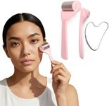 JACCOBEE Ice Roller for Face&Eyes with Gua Sha Facial Tool, 3-Pcs Stainless Steel Facial Massage Tool Sets for Face Jawline Shaper, Double Chin Reducer, Puffiness Reducing, Lymphatic Drainage