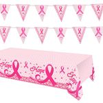 WANDIC Breast Cancer Awareness Kit, 86.61?51.18?Pink Ribbon Tablecloth & 16Pcs Cancer Free Triangle Bunting Banners for DIY Party Decorations