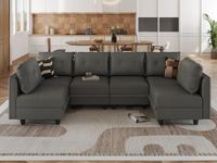 LLAPPUIL Faux Leather Fabric Modular Sectional Sofa with Reversible Chaises, 6 Seater U-Shaped Sofa Sleeper with Storage Seat, Sectional Couch for Living Room, Dark Grey