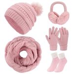 Voqeen 5 Pack Womens Beanie Scarf Gloves Set Winter Knitted Scarf Beanie Pompom Hat Earmuffs Fleece Socks(Pink)