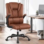 Guessky Office Chair, Executive Leather Chair Home Office Desk Chairs Ergonomic High Back Computer Chair with Lumbar Support, Flip-Up Armrest, Swivel Rolling Chair with Rocking Function (Brown