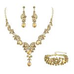 EVER FAITH Austrian Crystal Gorgeous Wedding Art Deco Floral Wave Teardrop Necklace Earrings Bracelet Jewelry Set Brown Gold-Tone