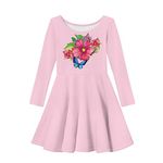 Allcute Pink Butterfly Floral Print Cute Long Sleeve Twirly Dress for Little Girls 9-10 Years Old Kids Flowy Fancy Dance Holiday Party Casual A Line Skater Dress for Girls