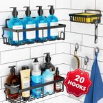 Shower Shelves 3 Pack, Adhesive Shower Organizer with 20 Hooks, 3 Adhesive Hooks, Large Capacity,Stainless Steel Black Shower Caddy,No Drilling,Easy Installation Shelf for Inside