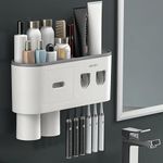 SVKCO Toothbrush Holders, Bathroom Shelf, No-Drill Wall Mounted Toothbrush Holder with 2 Automatic Toothpaste Dispensers 6 Brush Hooks 2 Magnetic Cups 1 Cosmetic Drawer Organizer and 1 Large Storage