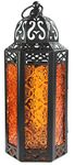 VELA LANTERNS Moroccan Candle Lantern Decorative Candle Holder Lamp for Table or Hanging, Ramadan and Halloween Decorations, Outdoor Patio or Porch, Weddings, Black Metal, Amber Orange Glass, Medium