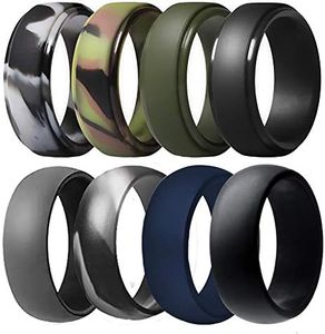 Silicone Wedding Ring for Men, Breathable Rubber Wedding Bands for Crossfit Fishing Hunting-8 Pack, Camo,Navy Blue, Olive Green, Dark Grey, Black, Size 8 - (18.14 mm)