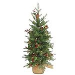 National Tree Company Pre-Lit 'Feel Real' Artificial Mini Christmas Tree, Green, Nordic Spruce, White Lights, Flocked with Pine Cones, Red Berries, Includes Burlap Bag Base, 3 Feet