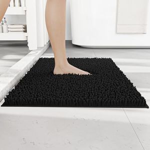 RUN HELIX Tapis de Bain en Chenille antidérapant et Anti-moisissure, Tapis de Bain à Poils Longs, Tapis de Bain Absorbant pour la Salle de Bain, Tapis de Bain Moelleux (50 x 80 cm, Noir)