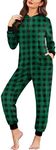 Ekouaer Christmas Onesie Fleece Long Sleeve Adult One Piece Pajamas for Women Zipper Pjs with Pocket S-XXL Green Plaid XXL