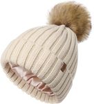 FURTALK Womens Winter Beanie Hat Satin Lined Faux Fur Pom Pom Beanies Hat for Women Winter Warm Knit Hats