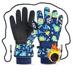 Caudblor Ski Gloves for Kids, Waterproof Winter Gloves for Boys Girls, Insulated Youth Winter Gloves Age 7-9 Years Old, Gray Warm Thick Ski Snowboard Gloves for Children Outdoor Sledding