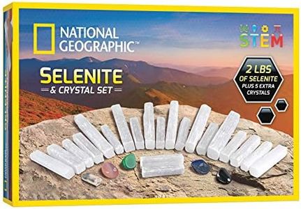 National Geographic Selenite Crystal Set - 2 lbs of Bulk Selenite Wands & 5 Premium Crystals, Rose Quartz, Hematite, Aventurine, Blue Quartz, Raw Crystals, Gemstones