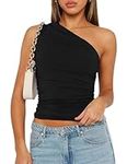 ABINGOO Women One Shoulder Crop Tank Tops Sleeveless Asymmetrical Neck Ruched Tight Slim Fitted Y2K Cami Going Out Top Trendy Black M