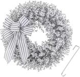 KuiMen Christmas Wreath, 18 inch Silver Boxwood Wreath with Door Hanger for Front Door, Living Room, Fireplace, Window, Farmhouse and Corridor