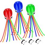 3 Pack Octopus Kites for Kids & Adults, 28''*158'' Large Soft 3D Beach Kite Easy to Fly for Boys & Girls (Red, Green & Blue)