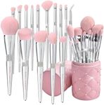 Bueart Design Elegant pink Ultra soft labeled Makeup Brushes Sets with Brush Holder makeup brush set with Foundation Powder blush blending contour Brush (15Pcs Silver Pink+Holder)